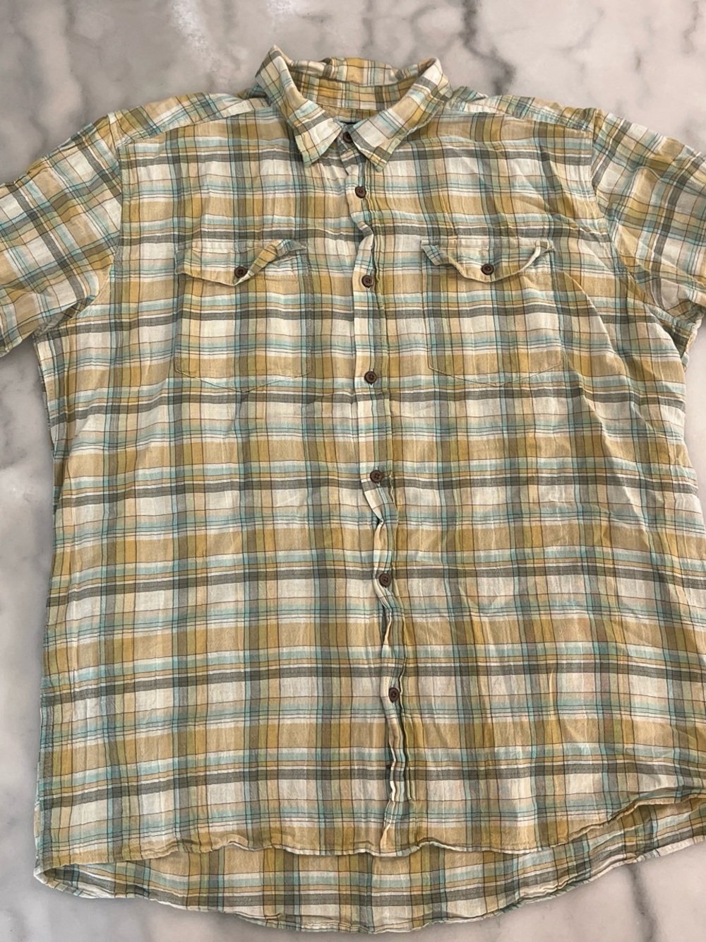 Patagonia Men's Short-Sleeve Plaid Button-Down in Yellow & Light Blue